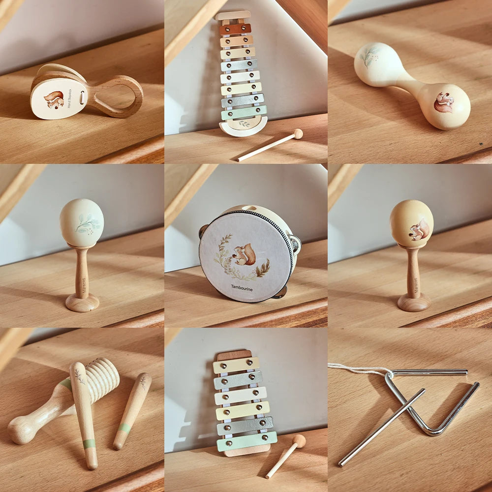 Musical Wooden Toy Set for Babies – Rattle, Bell, Drum & Xylophone Percussion Instruments