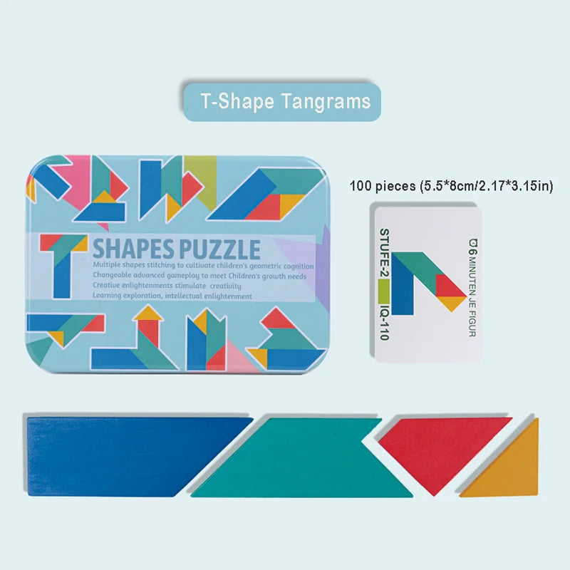 Wooden Tangram Puzzle Sets in Colourful Iron Boxes