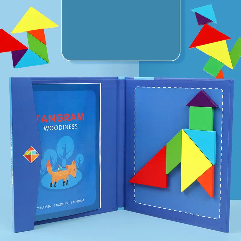 1Set Wooden Magnetic Tangram Puzzle Book Educational Toys For Children Baby Kid Portable Montessori Learning Intelligence