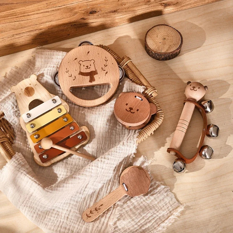 Musical Wooden Toy Set for Babies – Rattle, Bell, Drum & Xylophone Percussion Instruments