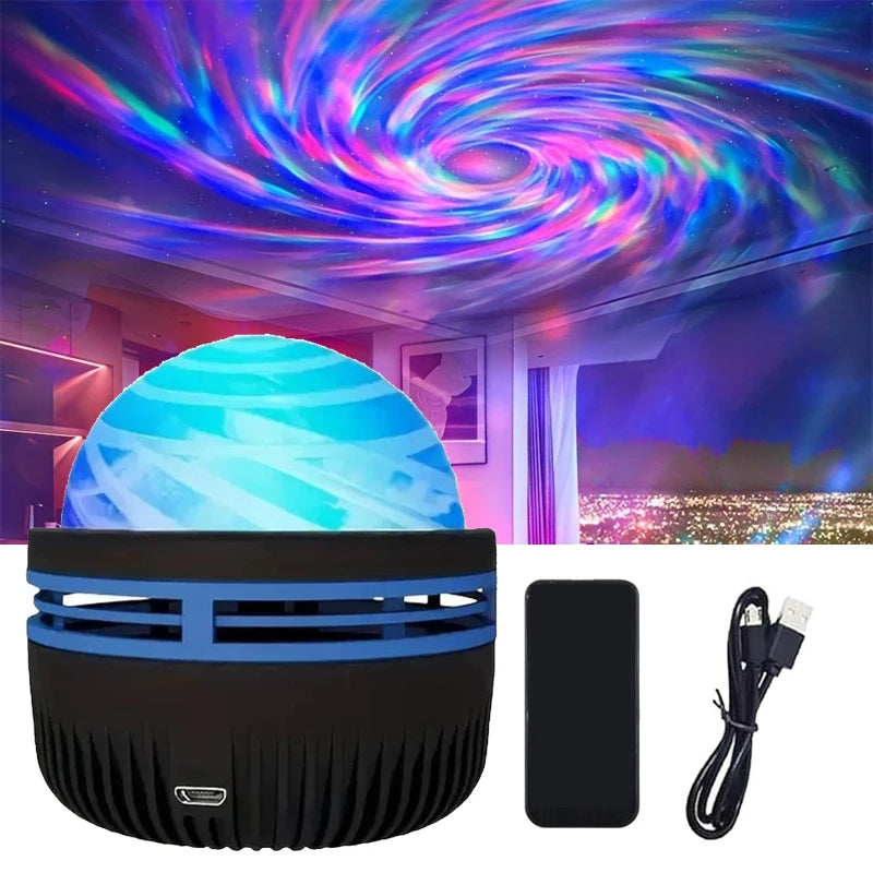 USB Galaxy Projector Aurora 5V Night Light 360° Rotating GB Colorful NightLights with Remote Control for Home Theater Room Deco