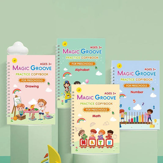 Set of 4 Magic Reusable Drawing & Writing Practice Books with Pen, English