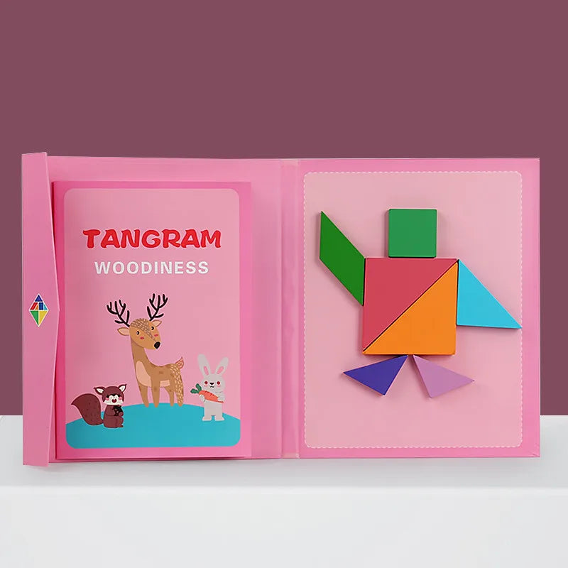 1Set Wooden Magnetic Tangram Puzzle Book Educational Toys For Children Baby Kid Portable Montessori Learning Intelligence