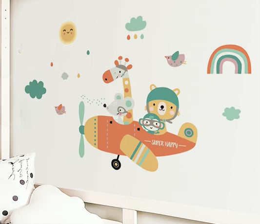 Cartoon Airplane Cute Animals Wall Stickers