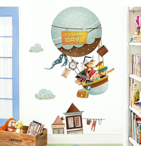 Cartoon Animals Hot Air Balloon Wall Stickers