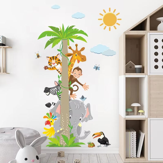 Cartoon Leaf Tree with Animals, Sun and Clouds