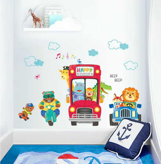 Cartoon Red Bus Animals Wall Stickers