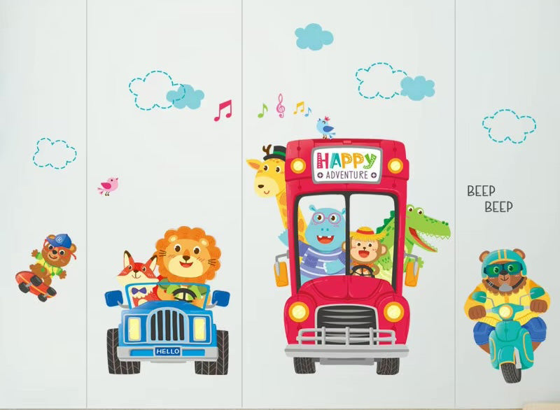 Cartoon Red Bus Animals Wall Stickers