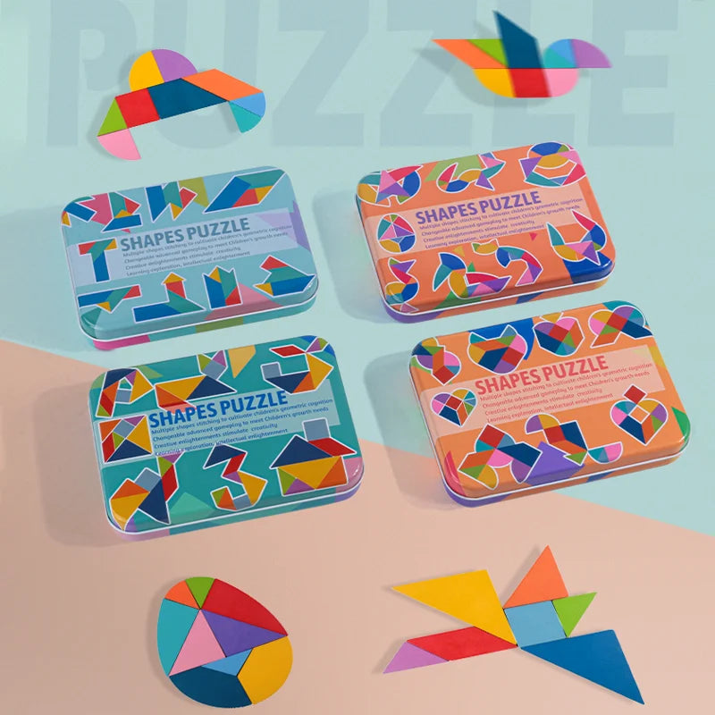 Wooden Tangram Puzzle Sets in Colourful Iron Boxes