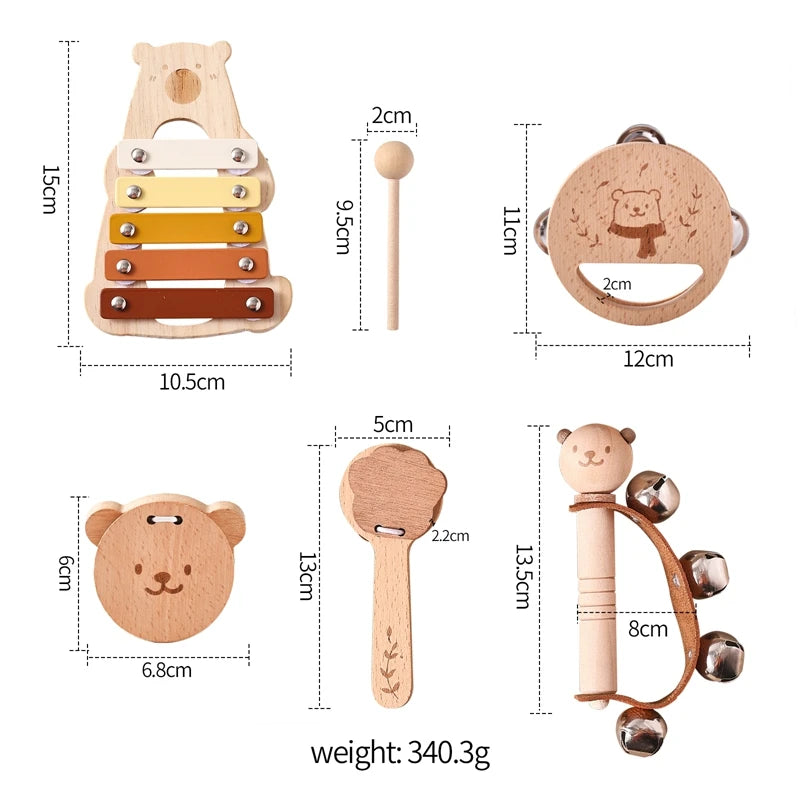 Musical Wooden Toy Set for Babies – Rattle, Bell, Drum & Xylophone Percussion Instruments