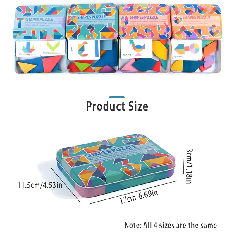 Wooden Tangram Puzzle Sets in Colourful Iron Boxes