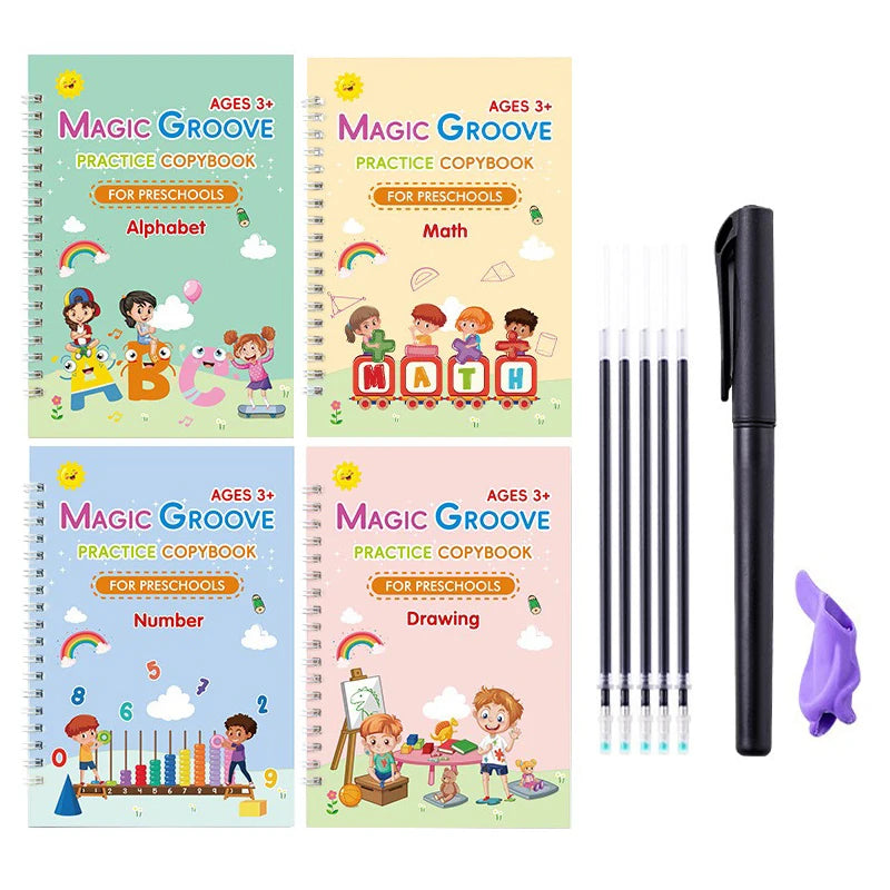 Set of 4 Magic Reusable Drawing & Writing Practice Books with Pen, English