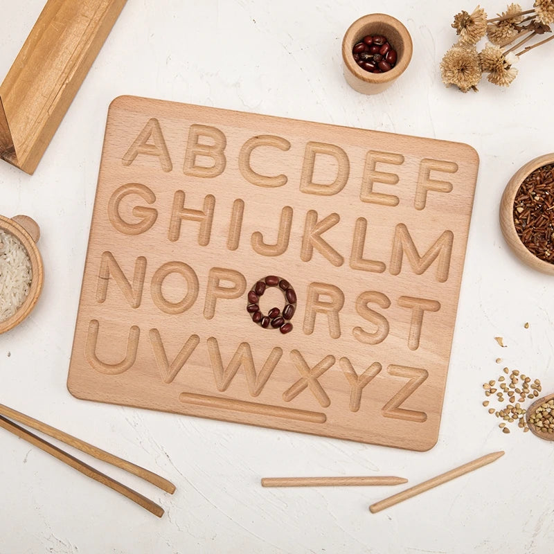 Wooden Alphabet, Numbers and Shapes Tracing Practice Boards