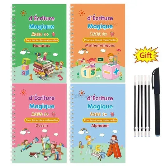 Set of 4 Magic Reusable Drawing & Writing Practice Books with Pen for Duolingo Kids - French