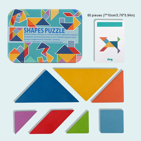 Wooden Tangram Puzzle Sets in Colourful Iron Boxes