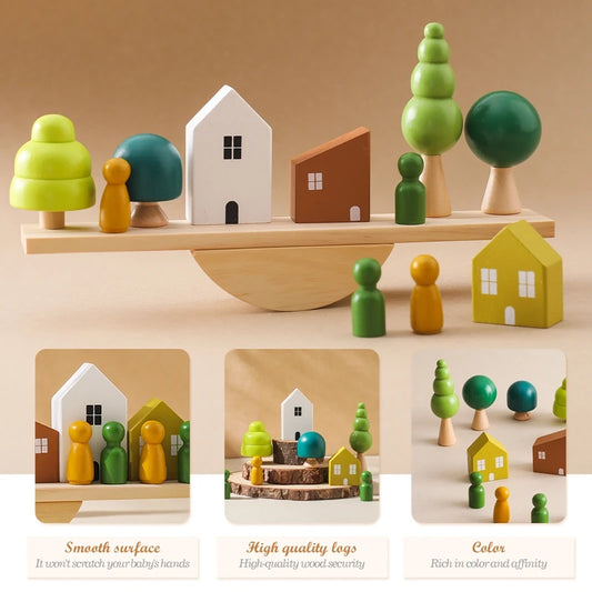 Sensory Seesaw Stacking Toy – Wooden Forest and House Block Sets