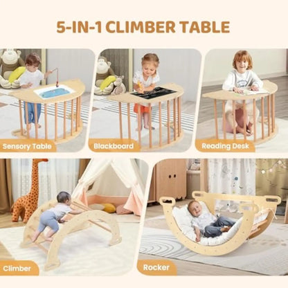 5-in-1 Montessori Wooden Sensory Table with Collapsible Storage Basin & Blackboard + Arch Rocker with Cushion