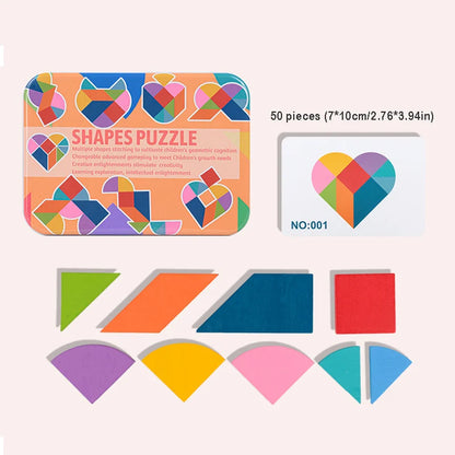 Children's Wooden Colorful Tangram Iron Box Storage Jigsaw Puzzle Puzzle Early Education Intelligence Number Letter Wooden Toys