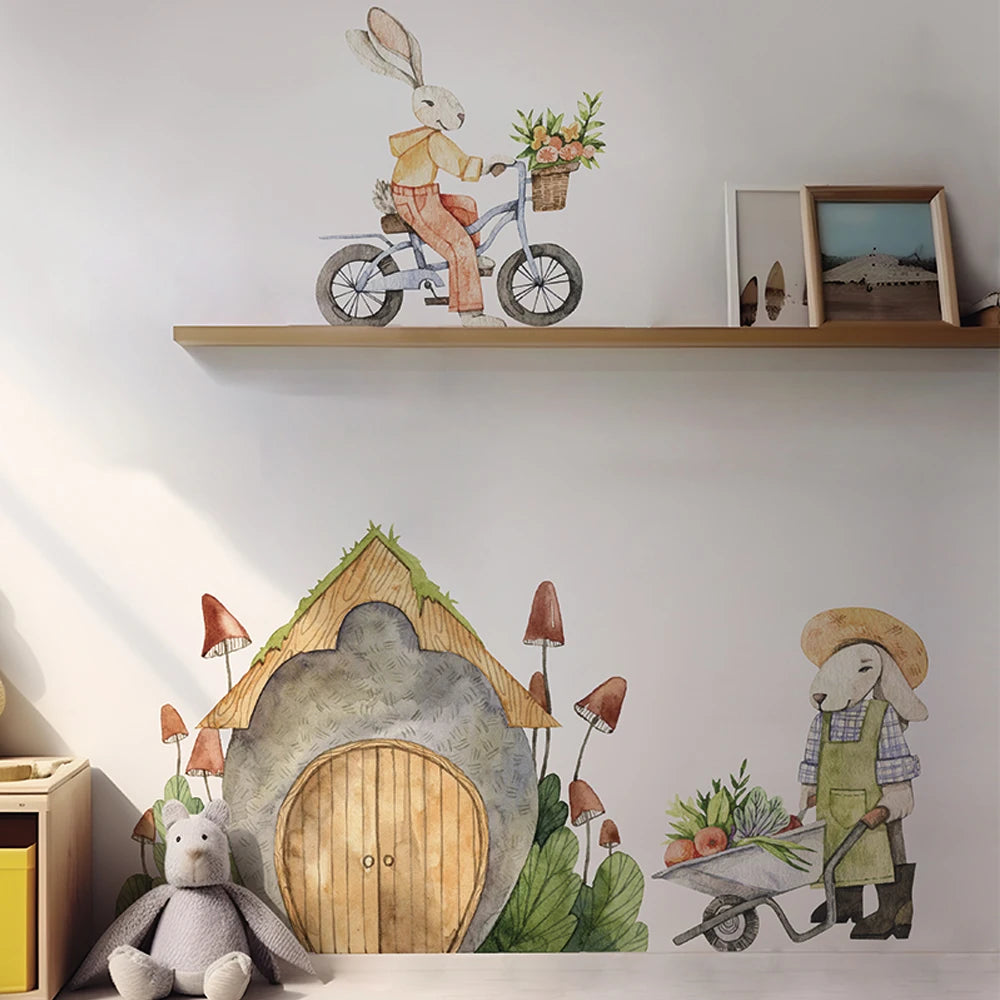 Boho Cartoon Animal & Mushroom House Fabric Wall Decals
