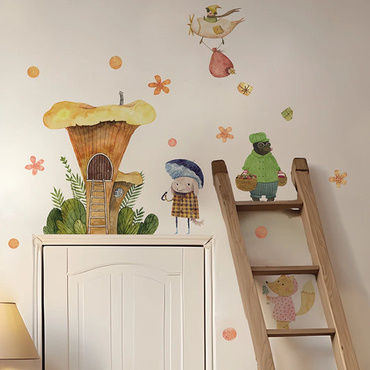 Boho Fabric Wall Decals – Cartoon Mushroom & Woodland Animals