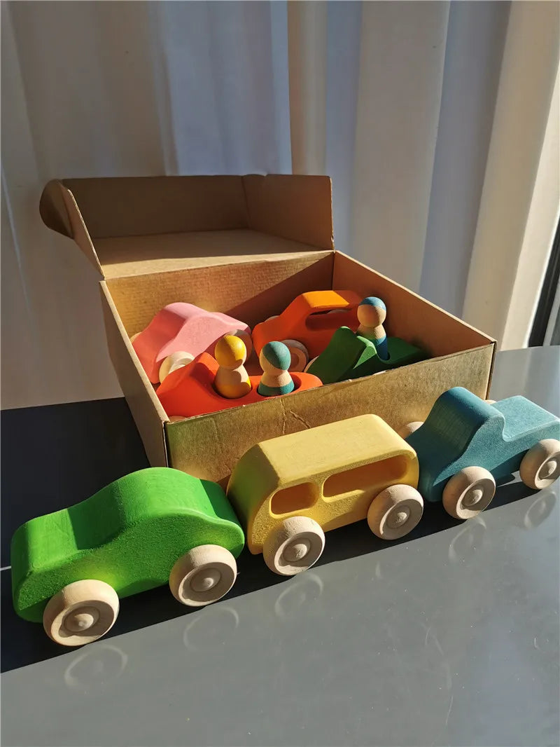 Wooden Rainbow Stacking Toy Sets – Basswood Bridge, Cars, Trucks & Forest Trees