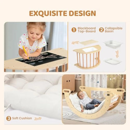 5-in-1 Montessori Wooden Sensory Table with Collapsible Storage Basin & Blackboard + Arch Rocker with Cushion