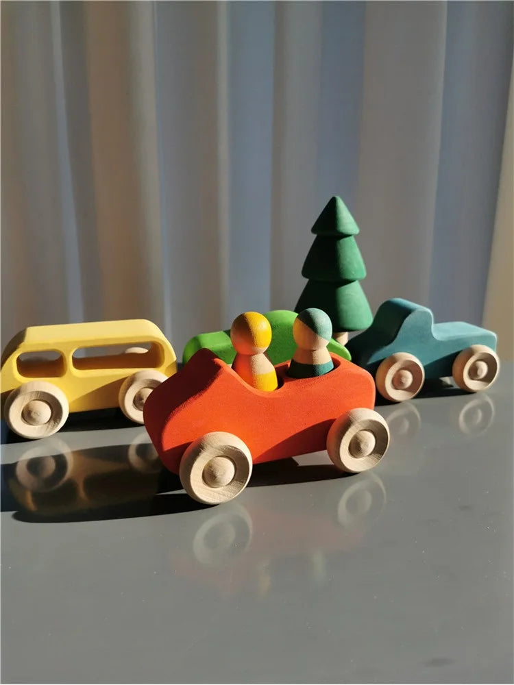 Wooden Rainbow Stacking Toy Sets – Basswood Bridge, Cars, Trucks & Forest Trees