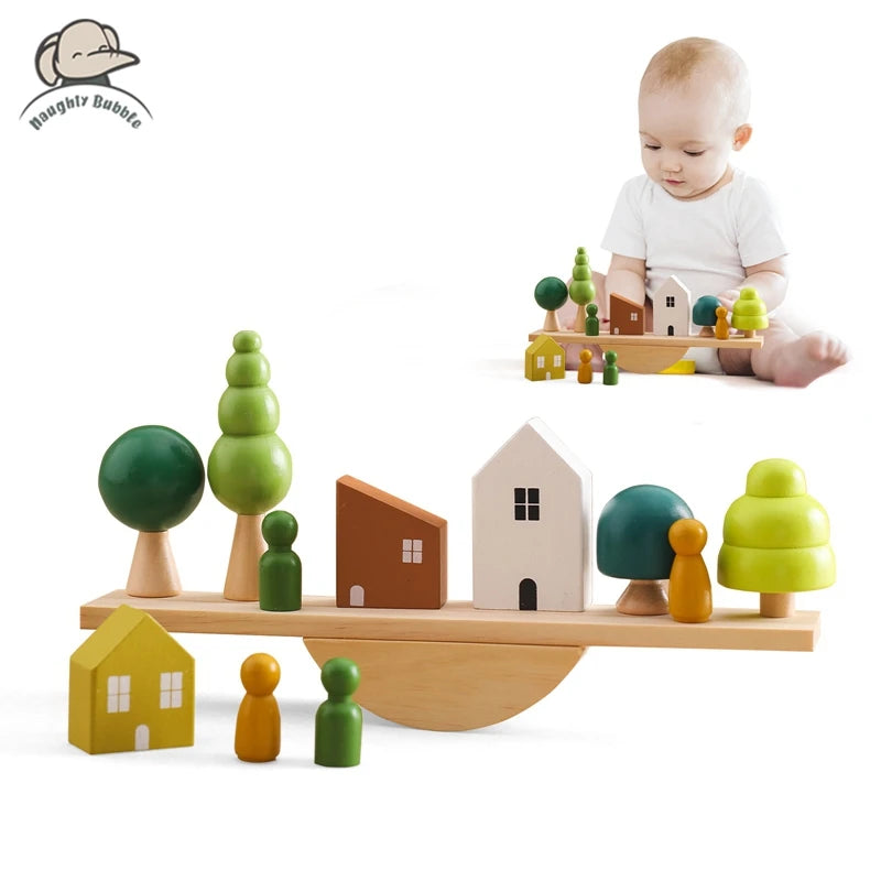 Sensory Seesaw Stacking Toy – Wooden Forest and House Block Sets