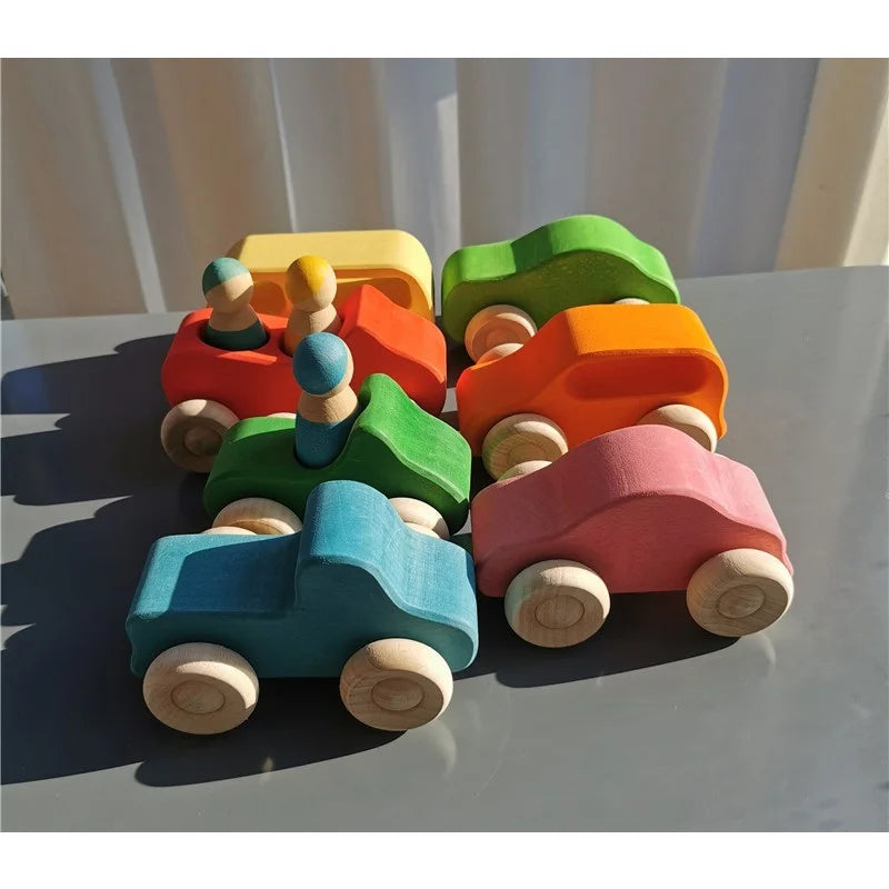 Wooden Rainbow Stacking Toy Sets – Basswood Bridge, Cars, Trucks & Forest Trees