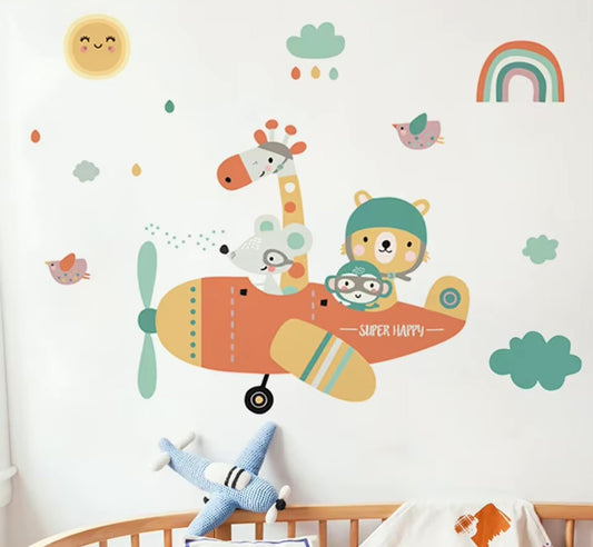 Cartoon Airplane Cute Animals Wall Stickers