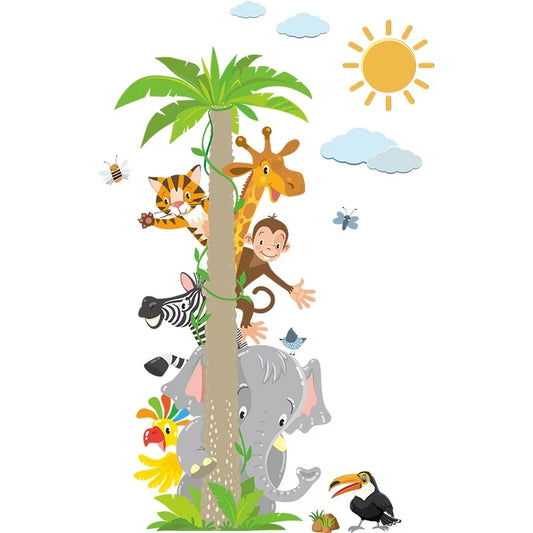 Cartoon Leaf Tree with Animals, Sun and Clouds