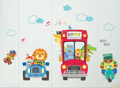 Cartoon Red Bus Animals Wall Stickers