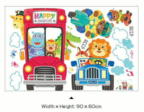 Cartoon Red Bus Animals Wall Stickers