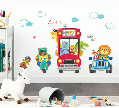 Cartoon Red Bus Animals Wall Stickers