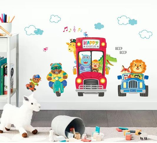 Cartoon Red Bus Animals Wall Stickers