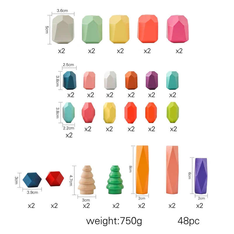 48-Piece Wooden Rainbow Stacking Stones