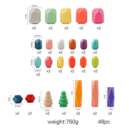 48-Piece Wooden Rainbow Stacking Stones