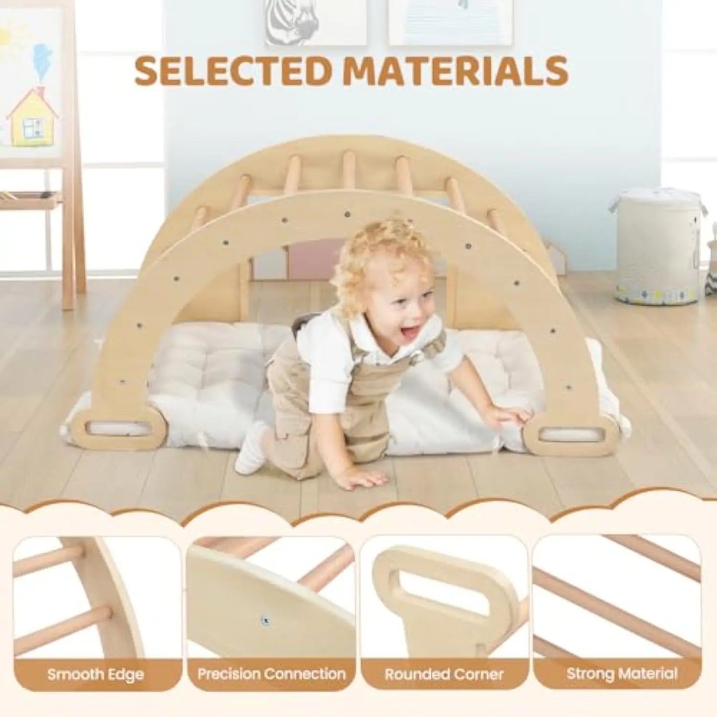 5-in-1 Montessori Wooden Sensory Table with Collapsible Storage Basin & Blackboard + Arch Rocker with Cushion