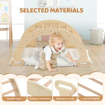 5-in-1 Montessori Wooden Sensory Table with Collapsible Storage Basin & Blackboard + Arch Rocker with Cushion