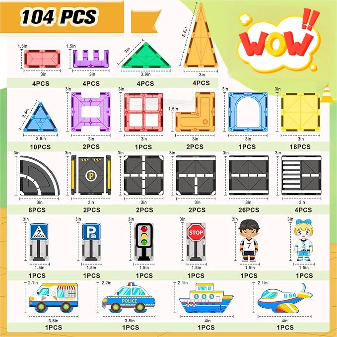 Magnetic Building Blocks Sets, 7.5cm - 104-pcs City Set