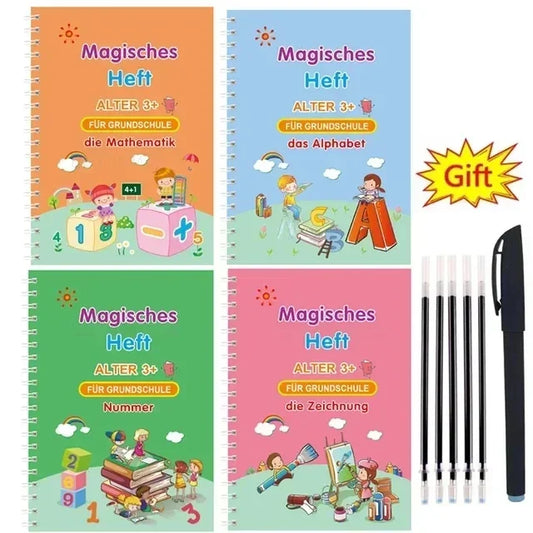 Set of 4 Magic Reusable Drawing & Writing Practice Books with Pens for Duolingo Kids - German