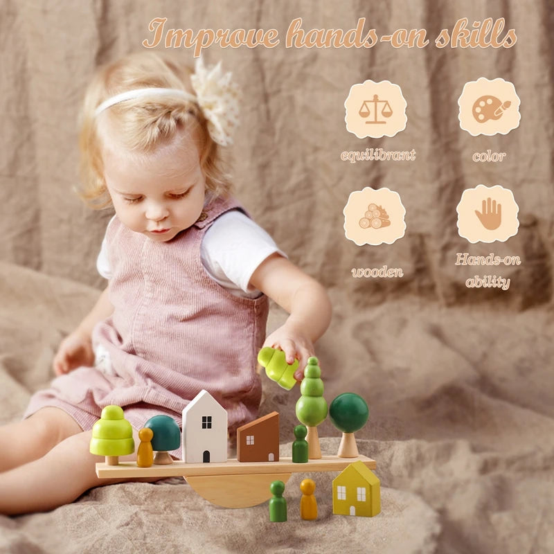 Sensory Seesaw Stacking Toy – Wooden Forest and House Block Sets