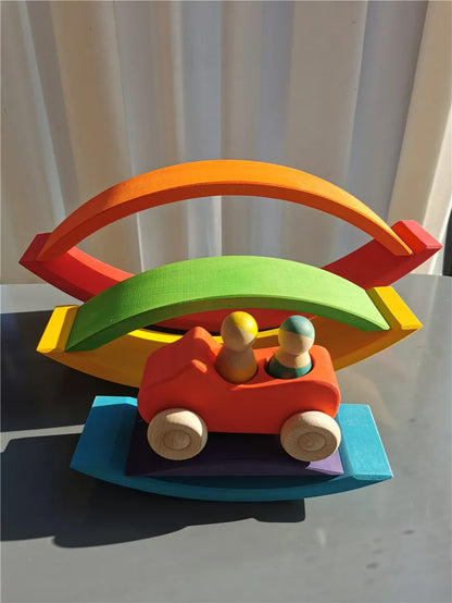 Wooden Rainbow Stacking Toy Sets – Basswood Bridge, Cars, Trucks & Forest Trees