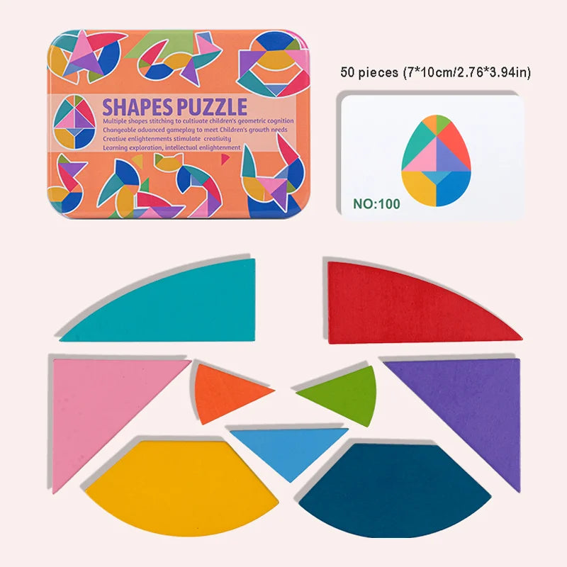 Children's Wooden Colorful Tangram Iron Box Storage Jigsaw Puzzle Puzzle Early Education Intelligence Number Letter Wooden Toys
