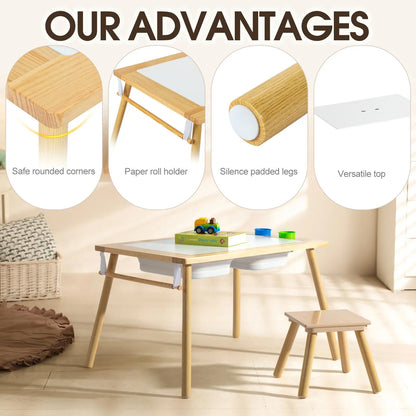 Multifunctional Wooden Sensory Table for Kids with Stool & Storage Bins