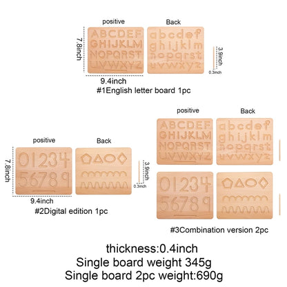 Wooden Alphabet, Numbers and Shapes Tracing Practice Boards