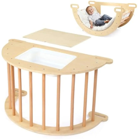 5-in-1 Montessori Wooden Sensory Table with Collapsible Storage Basin & Blackboard + Arch Rocker with Cushion