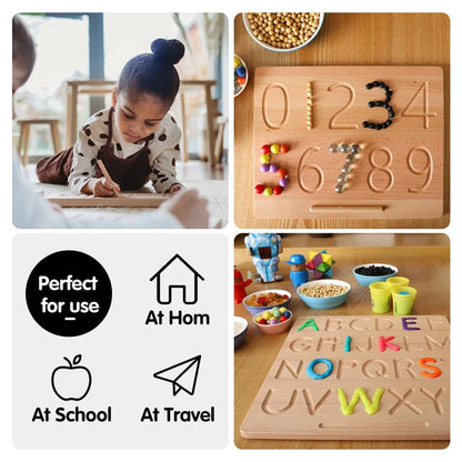 Wooden Alphabet, Numbers and Shapes Tracing Practice Boards