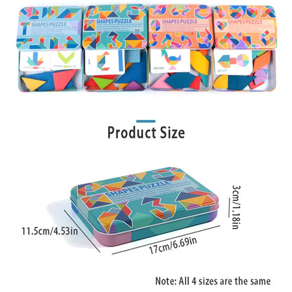 Wooden Tangram Puzzle Sets in Colourful Iron Boxes