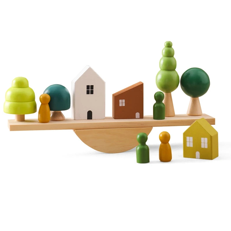 Sensory Seesaw Stacking Toy – Wooden Forest and House Block Sets
